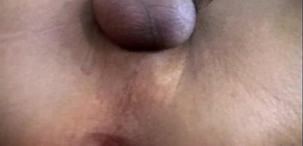  Ebony T-girl with big lips gets her black cock jerked in POV